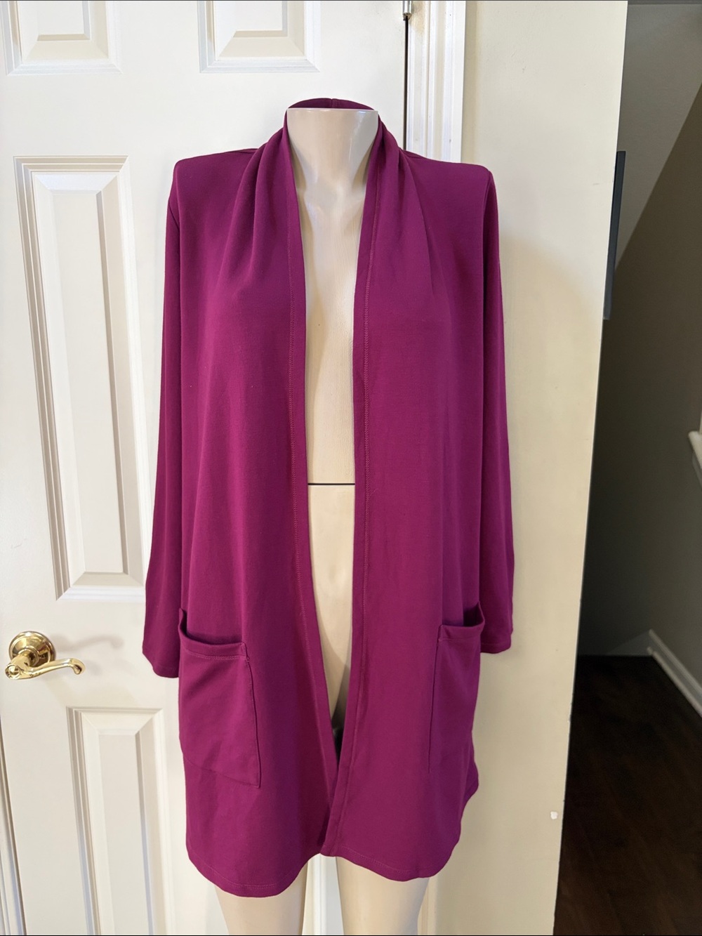 Susan Graver Weekend Open-Front Cardigan Sweater - Deep Magenta, XXS